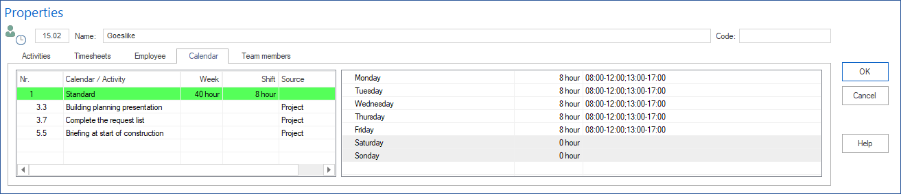 Employee Calendar Properties