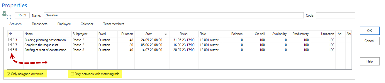 Employee View Activities Properties