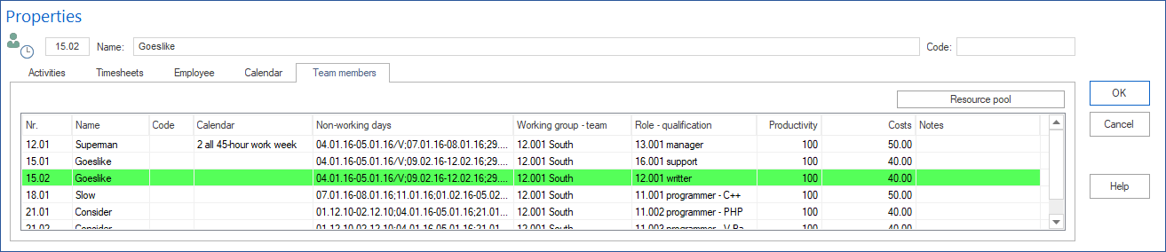 Employee Team Properties