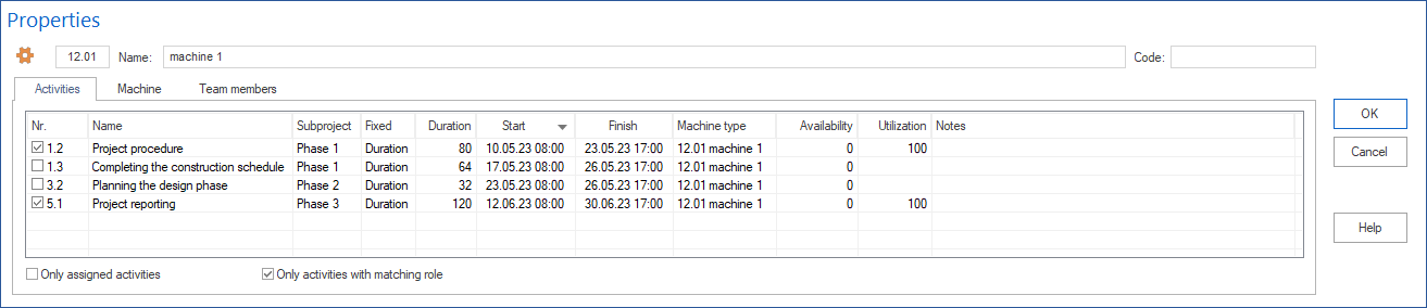 Machinery View Activities Properties