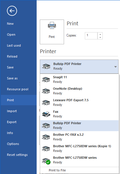PDF printer selection