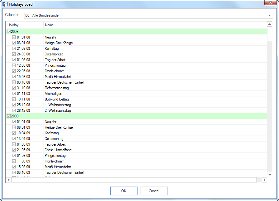 Load holidays into a resource pool calendar